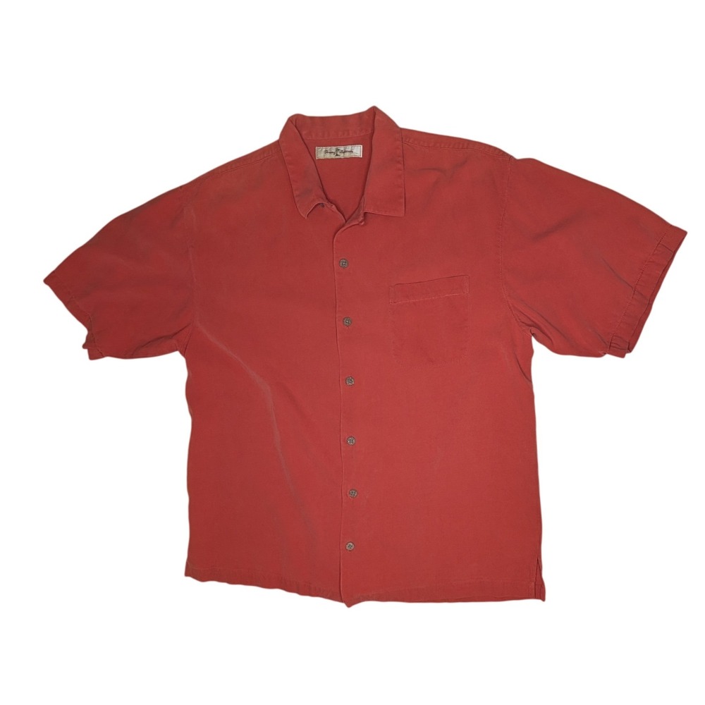 Tommy Bahama‎ Shirt Mens L Coral 100% Silk Short Sleeve Button Down Casual Solid
